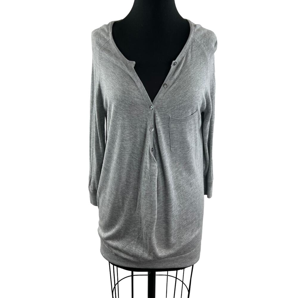VINCE Gray Cashmere Blend Partial Button-Down 3/4 Sleeve Pullover Sweater Sz M